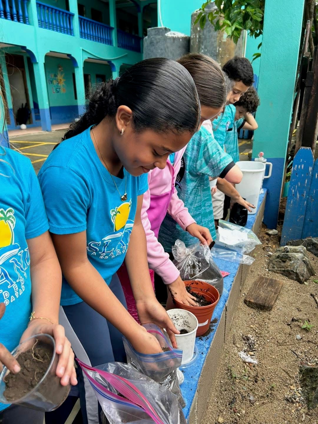 Students doing a hands-on planting activity in the school courtyard